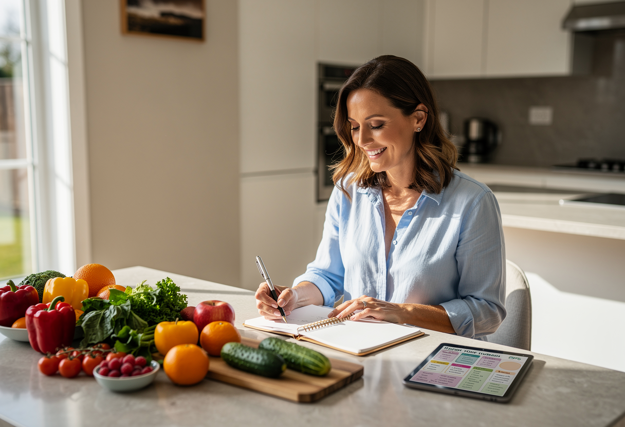 A confident woman in her late 40s with shoulder-length brown hair, wearing a light blue casual shirt, sitting at a modern kitchen table with fresh vegetables and fruits spread out, smiling naturally while planning her weekly meals, warm natural lighting creating an inviting atmosphere