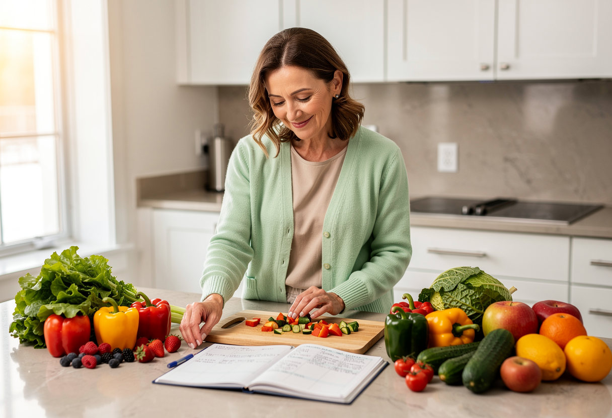 A successful businessman in his early 50s with graying hair and gentle laugh lines, wearing a casual navy blue shirt, standing in a bright modern kitchen with healthy ingredients on the counter, looking confident and satisfied while holding a nutritious meal plan, natural daylight streaming through large windows